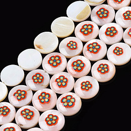 Natural Freshwater Shell Enamel Beads, Flat Round with Flower, Red, 11x3mm, Hole: 0.8mm, about 32pcs/strand, 14.37 inch(36.5cm)