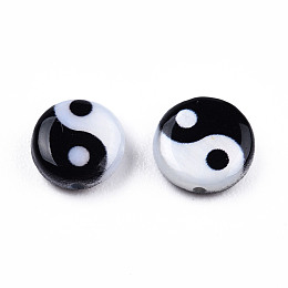 Honeyhandy Natural Freshwater Shell Printed Beads, Yin Yang Pattern, Black, White, 6x2.5mm, Hole: 0.7mm