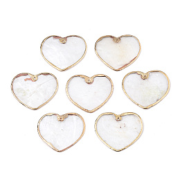 Honeyhandy Natural Capiz Shell Pendants, with Light Gold Plated Brass Edge, Heart, 26~27x29.5x0.5~1mm, Hole: 1mm