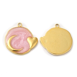 Honeyhandy Real 18K Gold Plated 304 Stainless Steel Pendants, with Enamel, Flat Round with Moon & Heart Charm, Pearl Pink, 17.5x17x2mm, Hole: 1.4mm