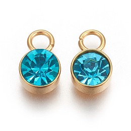 Honeyhandy Glass Rhinestone Charms, December Birthstone Charms, with Golden Tone 201 Stainless Steel Findings, Flat Round, Blue Zircon, 10x6x4mm, Hole: 2.3mm