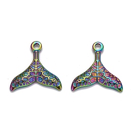 Honeyhandy Ion Plating(IP) 304 Stainless Steel Charms, Textured, Fishtail, Rainbow Color, 26x25x3mm, Hole: 2.5mm