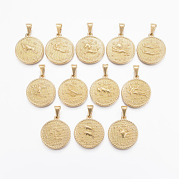 304 Stainless Steel Pendant Sets, Flat Round with Twelve Constellation/Zodiac Sign, Golden, 29x25x3.2mm, Hole: 9x4.5mm; 12pcs/set