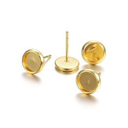 Honeyhandy 304 Stainless Steel Stud Earring Findings, Flat Round, Golden, Tray: 6mm, 12x8mm, Pin: 0.8mm