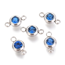 Honeyhandy 304 Stainless Steel Rhinestone Links Connectors, Flat Round, Stainless Steel Color, Sapphire, 12x6.5x4mm, Hole: 2mm