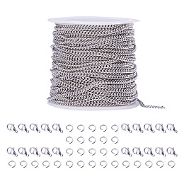 PandaHall Elite 33 Feet 304 Stainless Steel Twisted Curb Link Cable Chains Necklace with 20 Lobster Claw Clasps and 30 Jump Rings for Jewelry Making