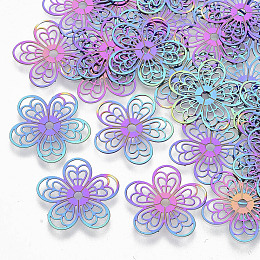 Honeyhandy Ion Plating(IP) 201 Stainless Steel Filigree Pendants, Etched Metal Embellishments, Flower, Rainbow Color, 18x18x0.3mm, Hole: 2mm