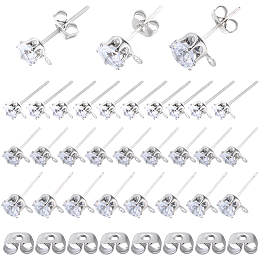 SOFPLATE 60Pcs 3 Size Clear Cubic Zirconia Stud Earring Findings, with Rhodium Plated 925 Sterling Silver Pins and Horizontal Loops, with S925 Stamp, 60Pcs Brass Ear Nuts, Platinum, 5.5~9x4.5~7mm, Hole: 0.8~1.2mm, Pin: 0.7mm, 20Pcs/size