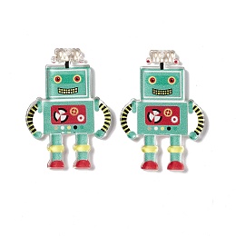 Honeyhandy Printed Transparent Acrylic Pendants, Robot, Medium Aquamarine, 44x30.5x2.5mm, Hole: 1.6mm