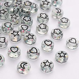 Honeyhandy Transparent Clear Acrylic Beads, with Glitter Powder, Flat Round with Black Moon & Heart & Flower & Star, 7x3.5mm, Hole: 1.5mm, about 3600pcs/500g