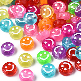 Honeyhandy Transparent Acrylic Beads, Flat Round with Enamel Smiling Face, Mixed Color, 9x4.5mm, Hole: 2mm, about 1750pcs/500g