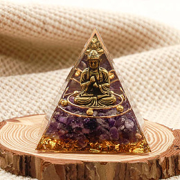 Honeyhandy Orgonite Pyramid Resin Energy Generators, Reiki Natural Amethyst Chips and Buddha Inside for Home Office Desk Decoration, 50x50x50mm