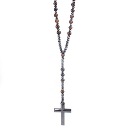 Honeyhandy Natural Tiger Eye Rosary Bead Necklace, Synthetic Hematite Cross Pendant Necklace, 27.56 inch(70cm)