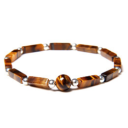 Honeyhandy Natural Tiger Eye Round Ball & Rectagnle Beaded Stretch Bracelet, 7-1/2 inch(19cm)