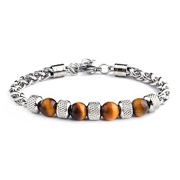 Honeyhandy Natural Tiger Eye Beaded Bracelets with Titanium Steel Wheat Chains, Stainless Steel Color, 7-1/2 inch(19cm)