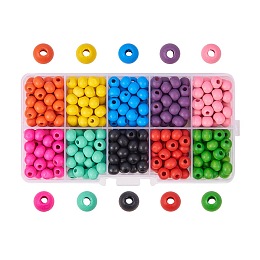 Pandahall Elite Diameter 7mm Dyed Environmental Round Wood Beads 10 Colors with Box for DIY Crafting Jewelry making, about 380pcs/box