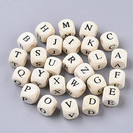 Honeyhandy Printed Natural Wood Beads, Horizontal Hole, Cube with Initial Letter, PapayaWhip, Random Mixed Letters, 10x10x10mm, Hole: 3.5mm, about 1000pcs/500g