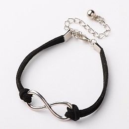 Honeyhandy Faux Suede Cord Bracelets, with Tibetan Style Alloy Infinity Link, Alloy Lobster Claw Clasps and Iron Chains, Platinum and Antique Silver, Black, 170x6mm