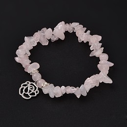 Honeyhandy Natural Rose Quartz Beaded Stretch Bracelets, with 304 Stainless Steel Rose Charms, 2-1/8 inch(5.3cm)