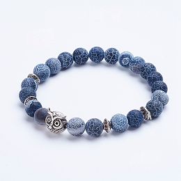 Honeyhandy Natural Weathered Agate Beaded Stretch Bracelets, with Alloy Spacer Beads, Owl, Antique Silver, 1-3/4 inch(45mm)