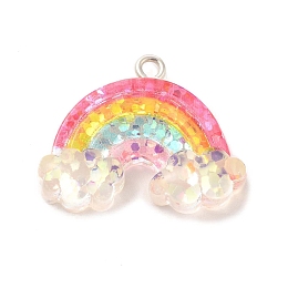 Honeyhandy Transparent Resin Pendants, Glitter Rainbow Charms, with Platinum Tone Iron Loops, Colorful, 21x26x6mm, Hole: 2mm