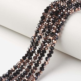 Honeyhandy Electroplate Opaque Glass Beads Strands, Half Copper Plated, Faceted, Rondelle, Black, 3x2mm, Hole: 0.8mm, about 165~169pcs/strand, 15~16 inch(38~40cm)