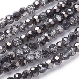 Honeyhandy Faceted(32 Facets) Round Half Plated Electroplate Glass Beads Strands, Black Plated, 4mm, Hole: 1mm, about 88~90pcs/strand, 28~30cm