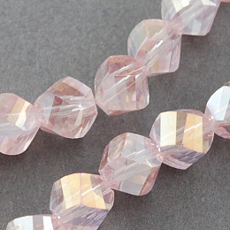 Honeyhandy Electroplate Glass Beads Strands, AB Color Plated, Faceted, Twist, Pearl Pink, 4x4x4mm, Hole: 1mm, about 100pcs/strand, 14 inch