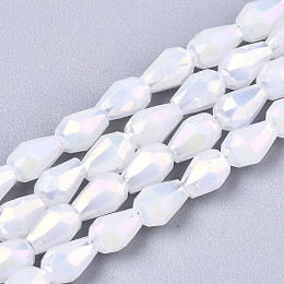 Honeyhandy Electroplate Glass Beads Strands, AB Color Plated, Imitation Jade Glass, Faceted Teardrop, White, 4x3mm, Hole: 0.7mm, about 98~99pcs/strand, 16.54~16.92 inch(42~43cm)