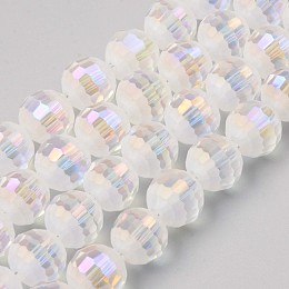Honeyhandy Glass Beads Strands, AB Color Plated, Half Frosted, Faceted Round, Clear AB, 10x9mm, Hole: 1.5mm, about 72pcs/strand, 26.38 inch(67cm)