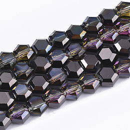 Honeyhandy Electroplate Glass Beads Strands, Half Plated, Faceted, Hexagon, Black, 5x6x4mm, Hole: 1mm, about 100pcs/strand, 20.4 inch