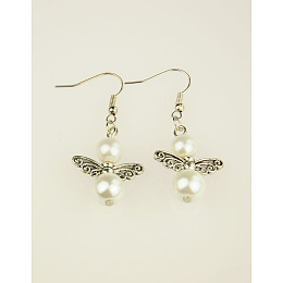 Honeyhandy Trendy Glass Pearl Fairy Wing Dangle Earrings, with Tibetan Style Beads, Brass Earring Hooks, White, 45mm