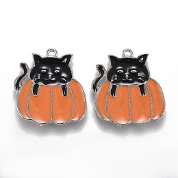 Honeyhandy Autumn Theme Alloy Enamel Pendants, Black Cat with Orange Pumpkin, Platinum, 21x20x1.5mm, Hole: 1.6mm