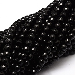 Honeyhandy Faceted Natural Agate Round Beads Strands, Dyed, Black, 6mm, Hole: 1mm, about 64pcs/strand, 14.7 inch