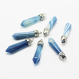 Honeyhandy Dyed Bullet Natural Agate Pendants, with Platinum Tone Alloy Findings, 33~40x8~10mm, Hole: 3x2mm