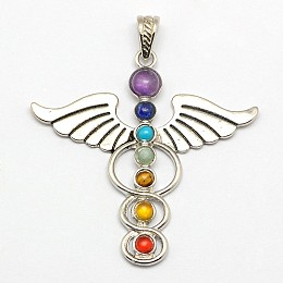 Honeyhandy Vintage Chakra Jewelry Zinc Alloy Bezel Gemstone Big Pendants, Caduceus Symbol for Medicine, Antique Silver, Mixed Stone, 57x58x6mm, Hole: 7x4mm