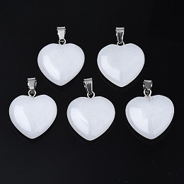 Honeyhandy Heart Natural White Jade Pendants, with Platinum Plated Brass Findings, 20~22x20~21x5~8mm, Hole: 2x7mm