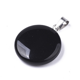 Honeyhandy Synthetic Black Stone Pendants, with Platinum Tone Brass Bails, Flat Round, 22~25x19~21x5~7mm, Hole: 3x6mm