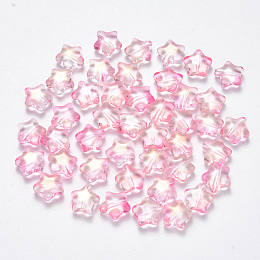 Nbeads Spray Painted Glass Beads, with Glitter Powder, Star, Pink, 8x8.5x4mm, Hole: 1mm