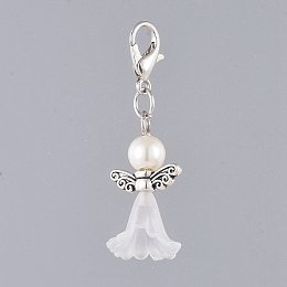 Honeyhandy Acrylic Pendants, with Dyed Glass Pearl Beads, Zinc Alloy Lobster Claw Clasps and Alloy Beads, Angel, White, 40mm