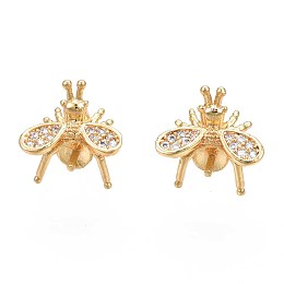 Honeyhandy Brass Micro Pave Cubic Zirconia Stud Earring Findings, with 925 Sterling Silver Pins, for Half Drilled Bead, Nickel Free, Mosquito Shape, Real 18K Gold Plated, Clear, 11x11mm, Pin: 0.8mm, Pin: 0.8mm(for half drilled beads)