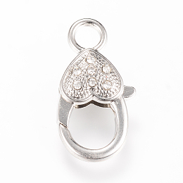 Honeyhandy Alloy Rhinestone Lobster Claw Clasps, Heart, Platinum, 26.5~27x14x6.5mm, Hole: 4mm