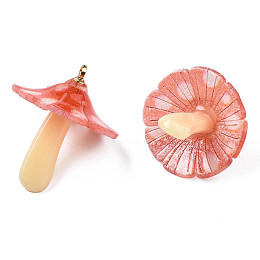 Honeyhandy Plastic Pendants, with Acrylic and Golden Plated Brass Loops, Mushroom, Orange Red, 23x19~20mm, Hole: 1.5mm