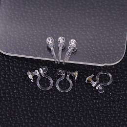 Honeyhandy Plastic Clip-on Earring Findings, with Rhinestone, Clear, 11x9x3.5mm, Hole: 0.5mm