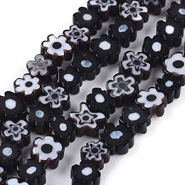 Honeyhandy Handmade Millefiori Glass Bead Strands, Flower, Black, 4~7.2x2.6mm, Hole: 1mm, about 76~83pcs/Strand, 16 inch(40cm)