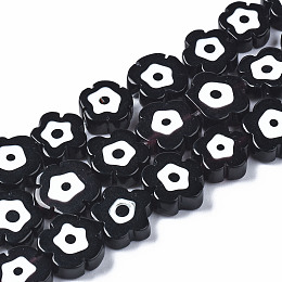 Honeyhandy Handmade Lampwork Beads Strands, Flower with Evil Eye, Black, 10~13x10~13x3~4.5mm, Hole: 0.9mm, about 36~37pcs/strand, 15.35 inch~15.94 inch(39~40.5cm)