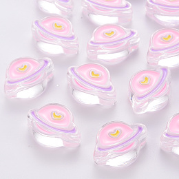 Honeyhandy Transparent Acrylic Beads, with Enamel, Planet, Pearl Pink, 19x26x9mm, Hole: 3mm