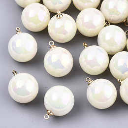 Honeyhandy Acrylic Imitation Pearl Pendants, with Light Gold Tone Brass Loop, AB Color Plated, Round, Beige, 20x16mm, Hole: 1.6mm