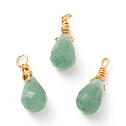 Honeyhandy Wire Wrapped Faceted Natural Green Aventurine Pendants, with Golden Plated Brass Wire, Teardrop, 16mm, Hole: 2mm