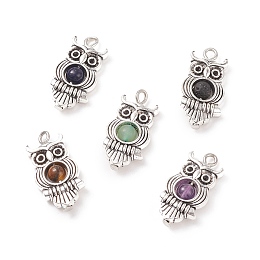 Honeyhandy Natural Mixed Stone Pendants, Owl Charm, with Antique Silver Tone Alloy Findings, 23x11.5x4.5mm, Hole: 1.7mm